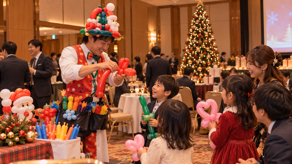 サンタやツリーのバルーンアートを受け取る子どもたち