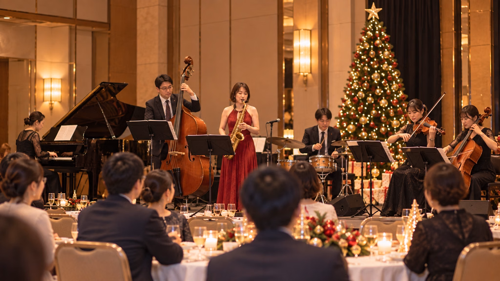 社内クリスマスイベントでクリスマスソングを生演奏するバンド