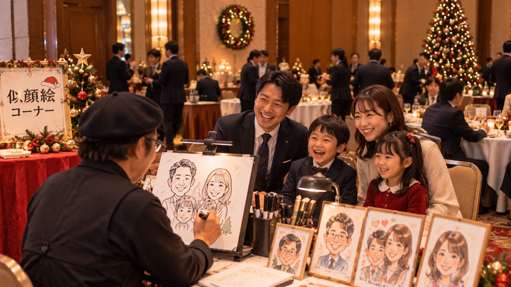 クリスマスイベントでその場で似顔絵を描く似顔絵師