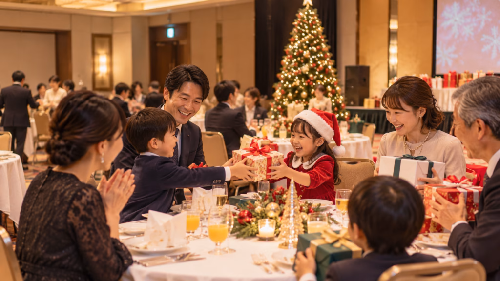 社内クリスマスイベントでプレゼント交換を楽しむ社員たち