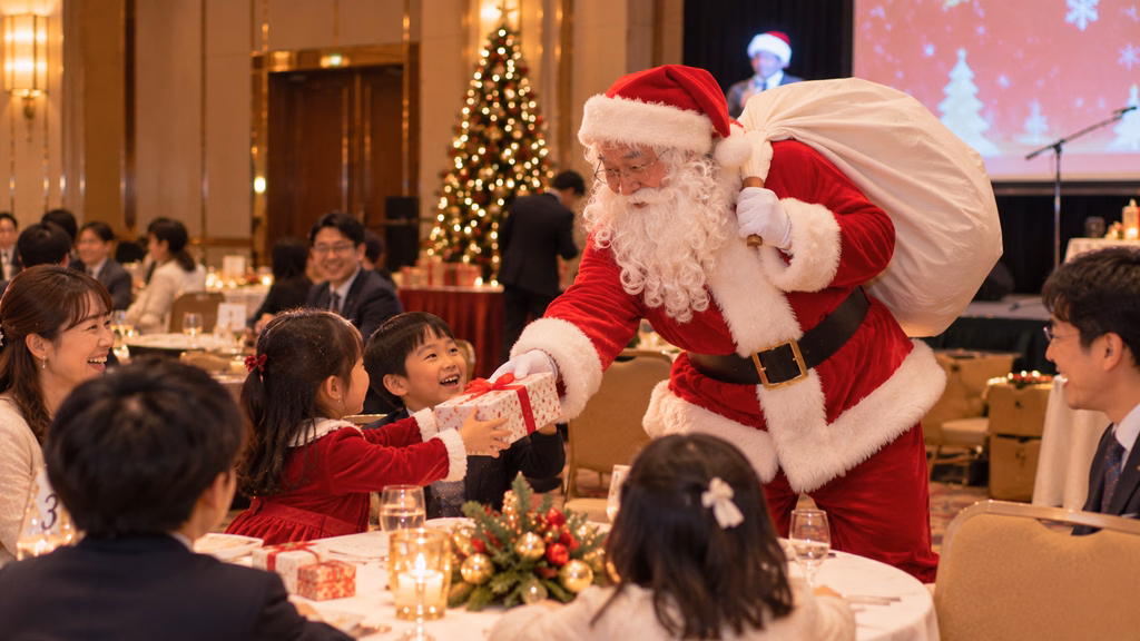 クリスマスイベントに登場してプレゼントを手渡すサンタクロース